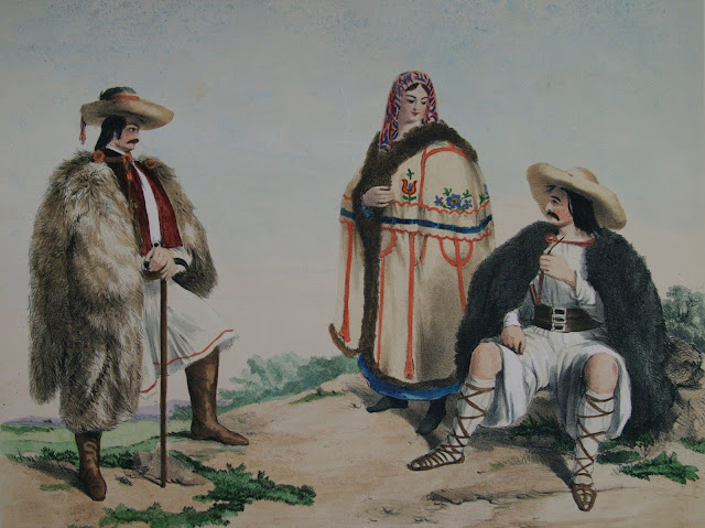 Painting by Stephen Catterson Smith depicting three peasants from Hodod, Transylvania. The shepherd to the left is holding a shepherd's axe.