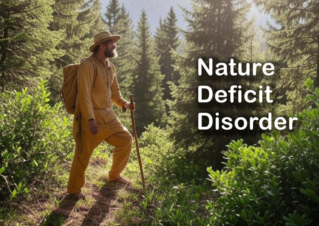 Mountain man in buckskin clothing walking through the forest with large "Nature Deficit Disorder" lettering